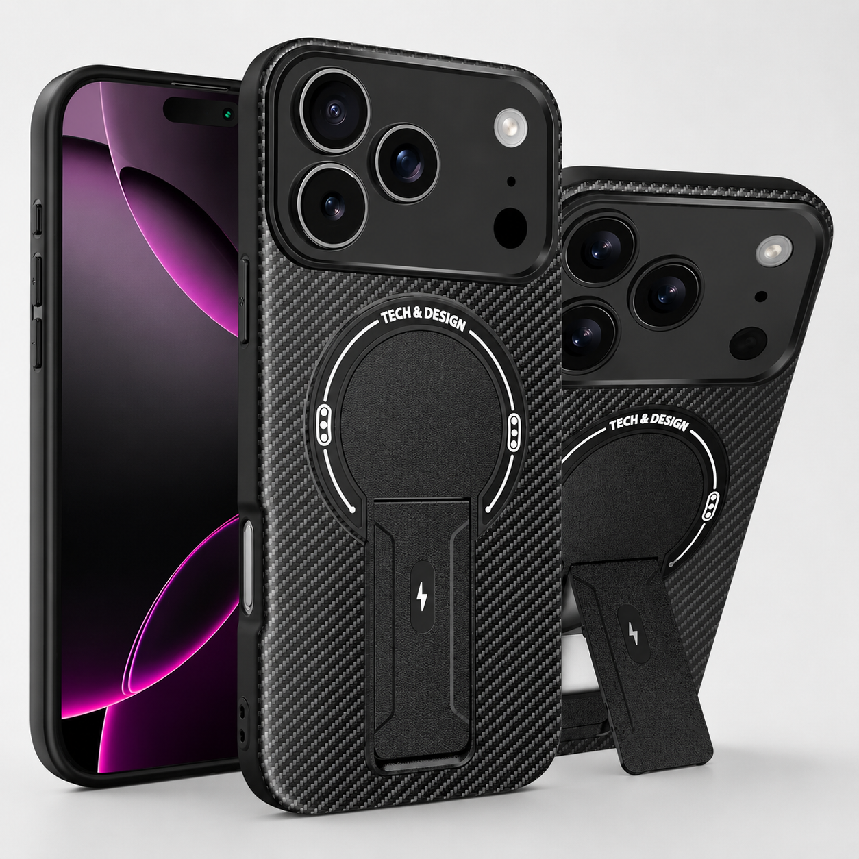 Premium iPhone Case Carbon Fiber Fold Stand Cover MagSafe Compatible Military Shockproof Protective Case