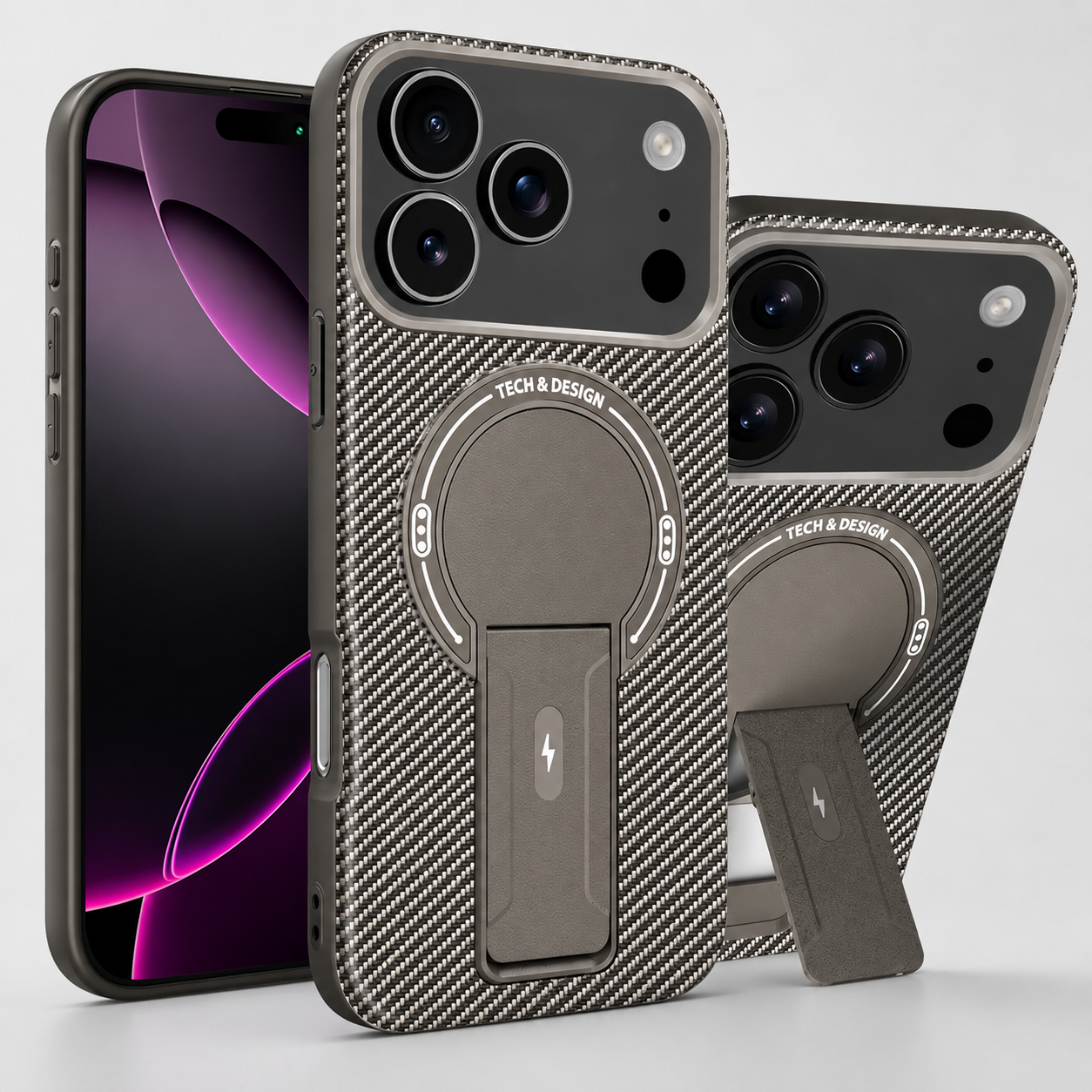 Premium iPhone Case Carbon Fiber Fold Stand Cover MagSafe Compatible Military Shockproof Protective Case