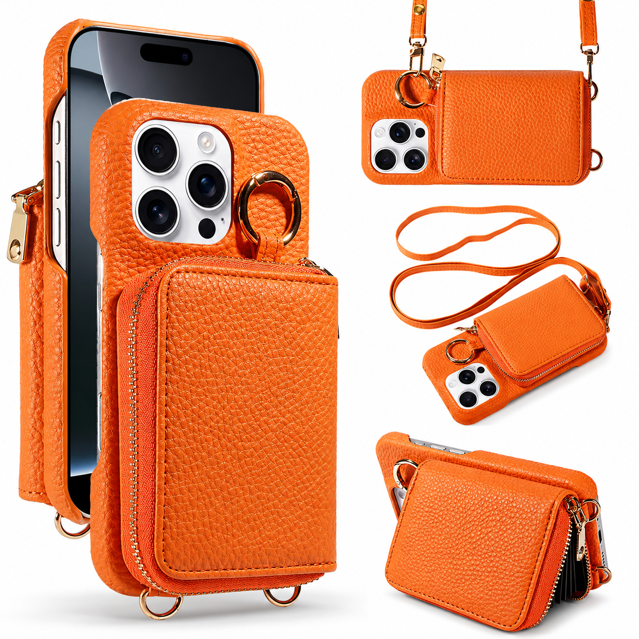 Premium iPhone Case Faux Leather Crossbody Wallet Cover Card Slots Ring Holder Shockproof Full Protection