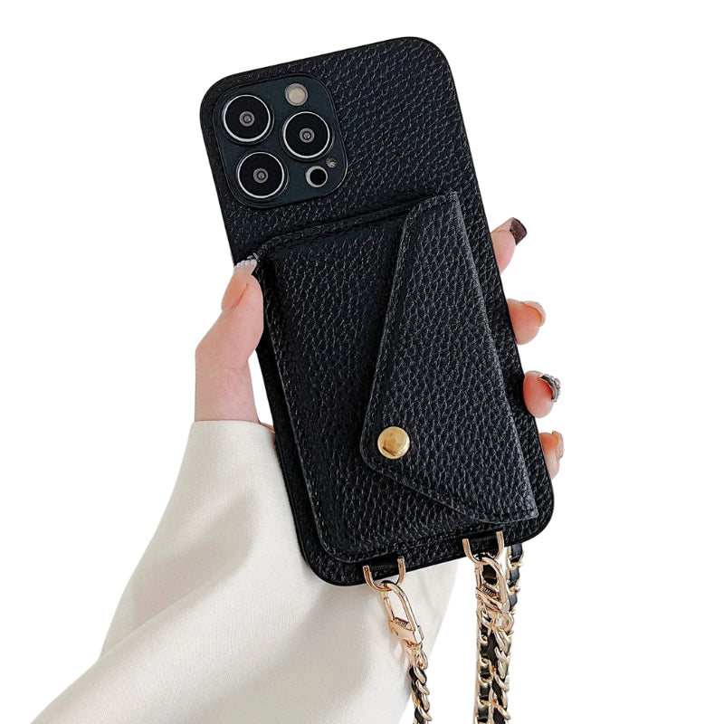 Premium iPhone Case Crossbody Wallet Cover Card Holder Chain Strap PU Leather Full Protection Design