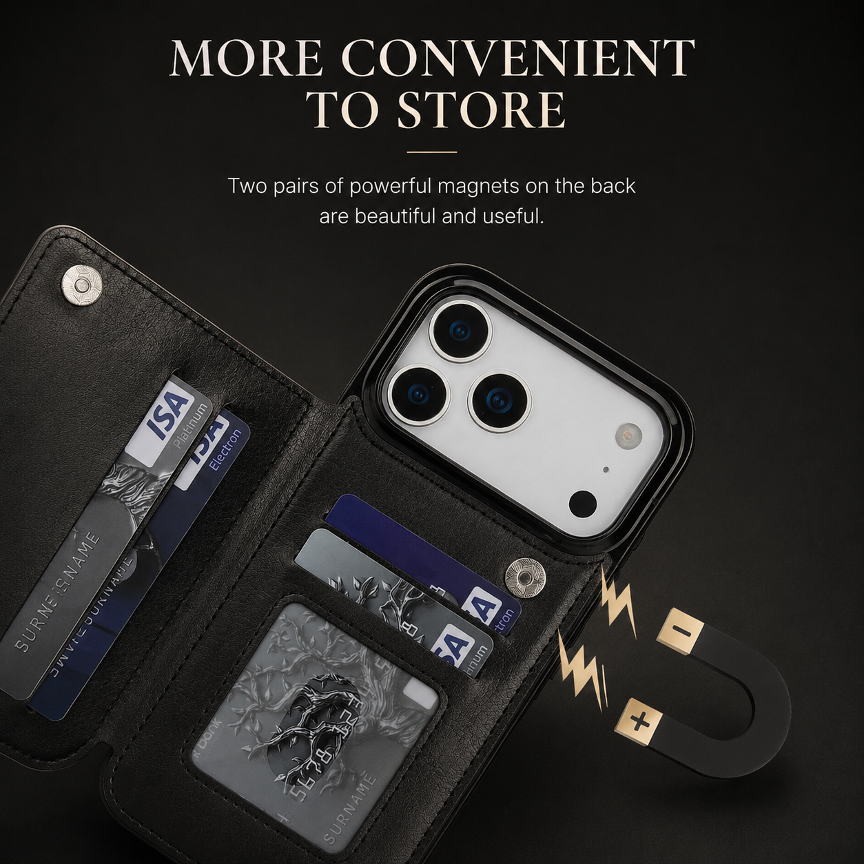 Premium iPhone Case Wallet Cover Card Holder Faux Leather Kickstand Double Magnetic Clasp Shockproof Protection