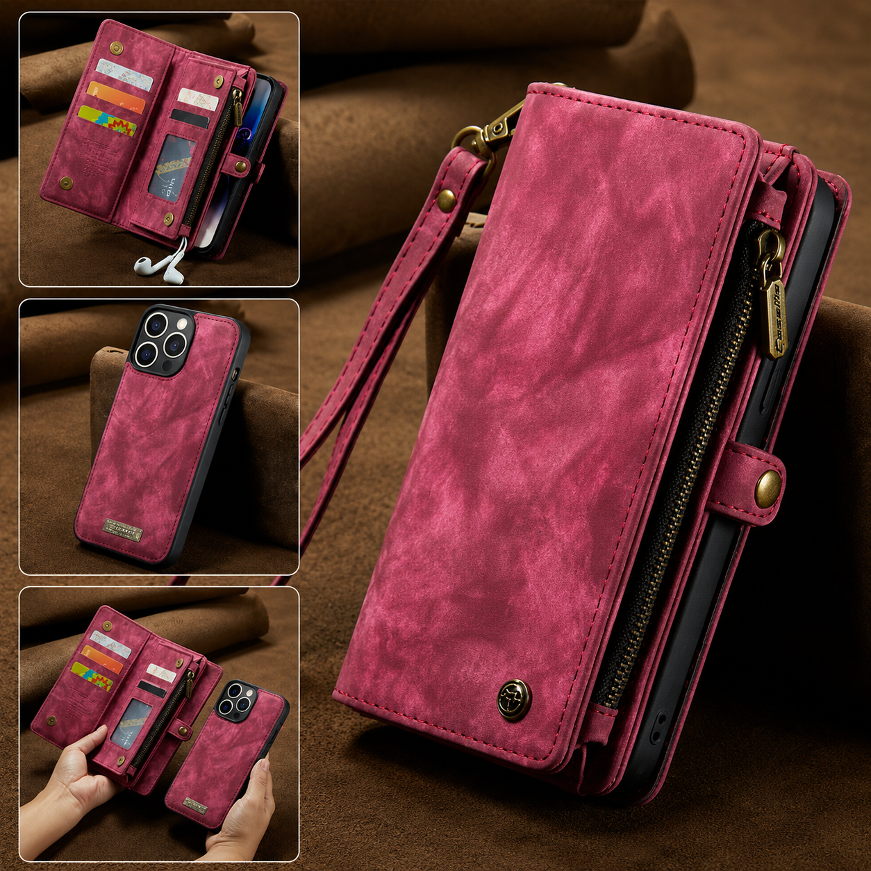 Premium iPhone Case Removable Magnetic Wallet Cover Metal Zipper 8 Slot Card Purse Leather Protection