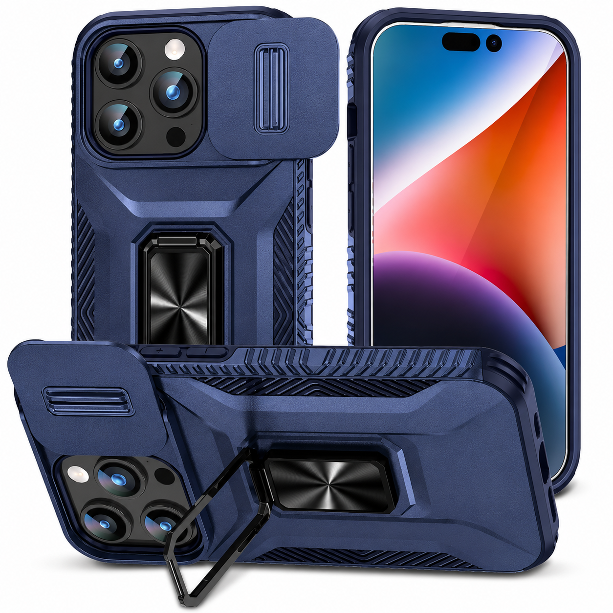Premium iPhone Case Military Grade Shockproof Anti Slip Cover with Slide Camera Lens Protection Rotary Stand Heavy Duty Protective Design