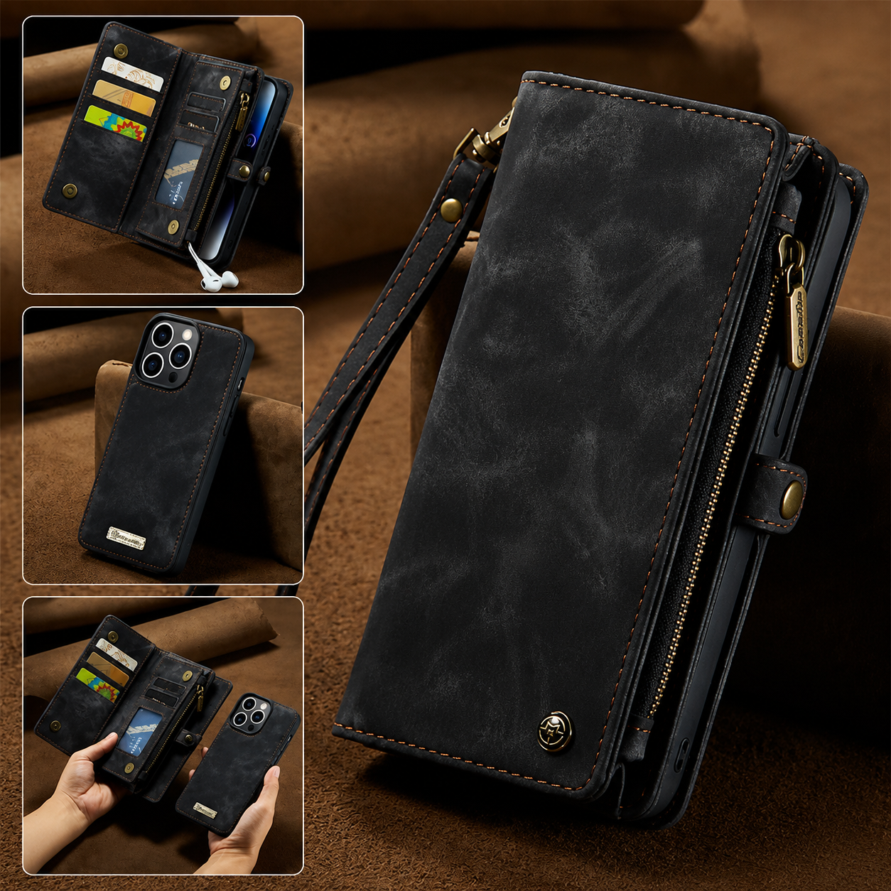Premium iPhone Case Removable Magnetic Wallet Cover Metal Zipper 8 Slot Card Purse Leather Protection