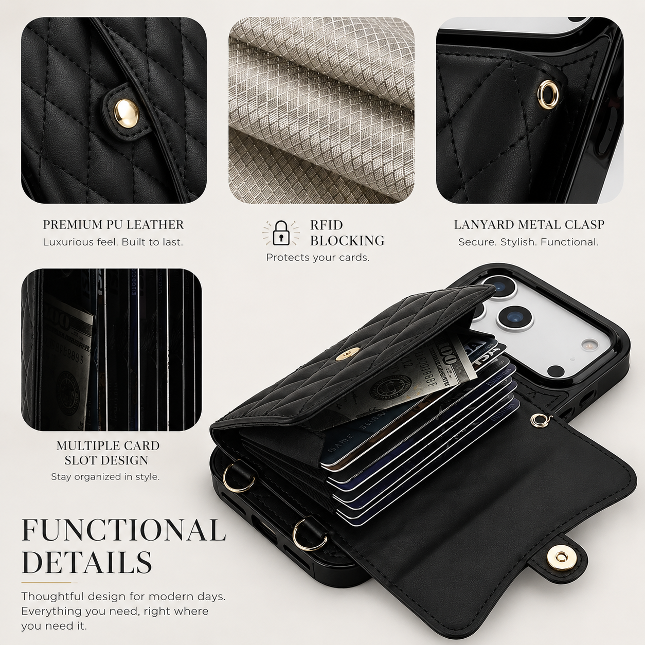 Premium iPhone Case Crossbody Leather Wallet Cover Wrist Shoulder Strap Card Coin Storage Shockproof Protection
