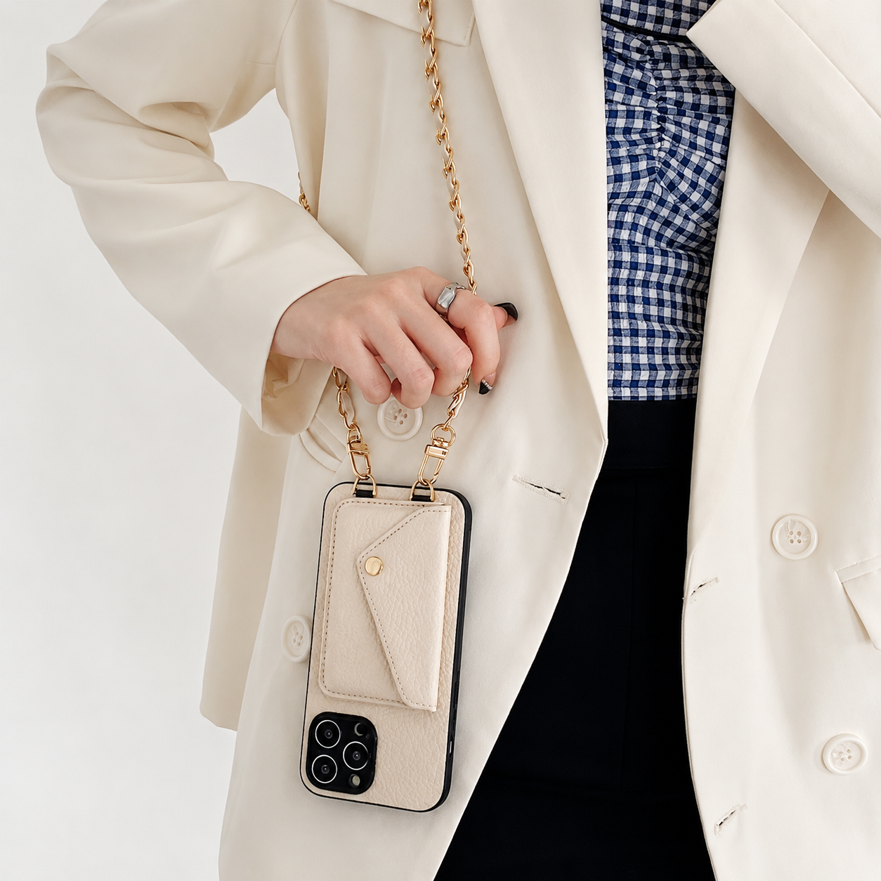 Premium iPhone Case Crossbody Wallet Cover Card Holder Chain Strap PU Leather Full Protection Design
