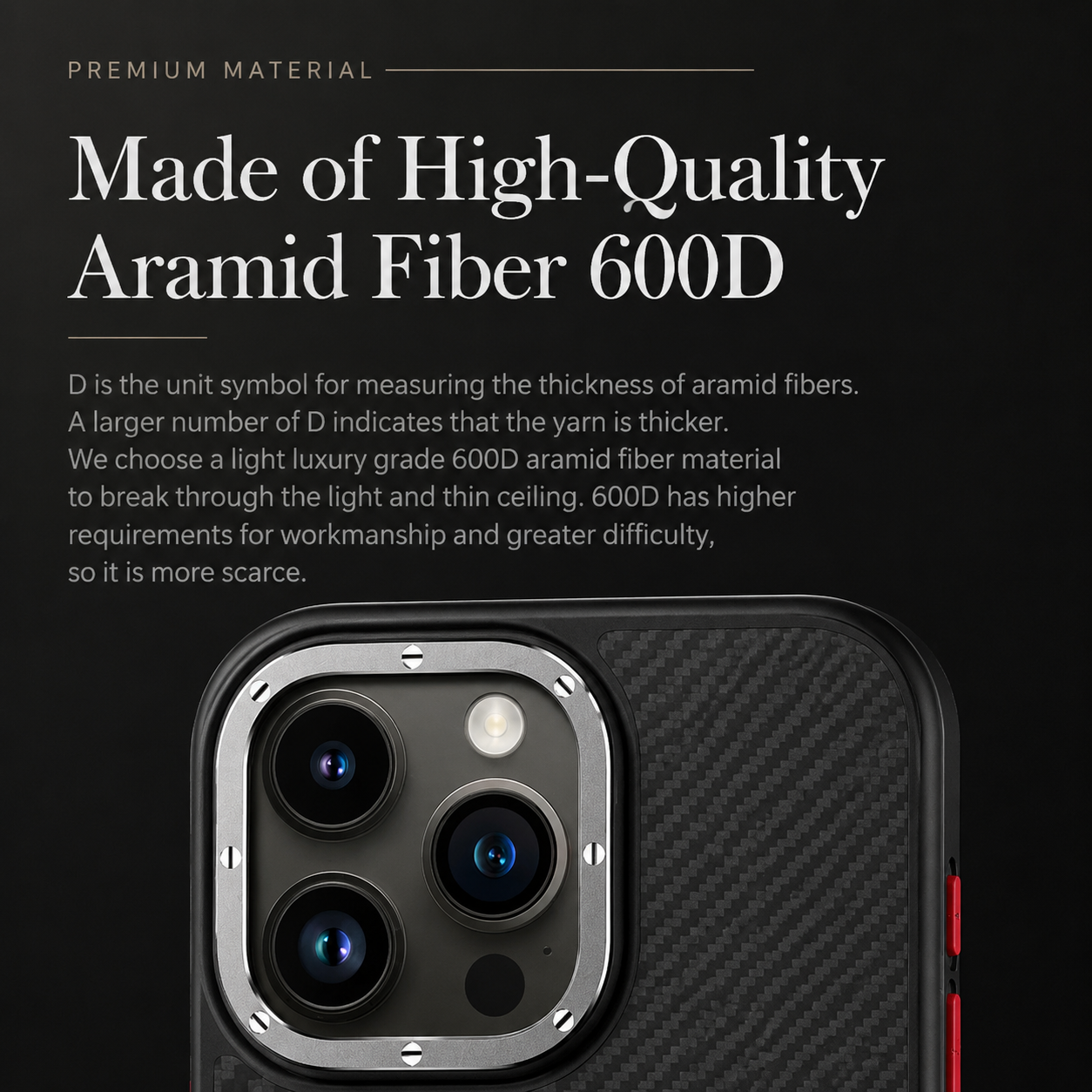 Premium iPhone Case 600D Kevlar Series Magnetic Cover with Metal Camera Ring Half Wrapped Dual Layer Carbon Fiber Protective Design