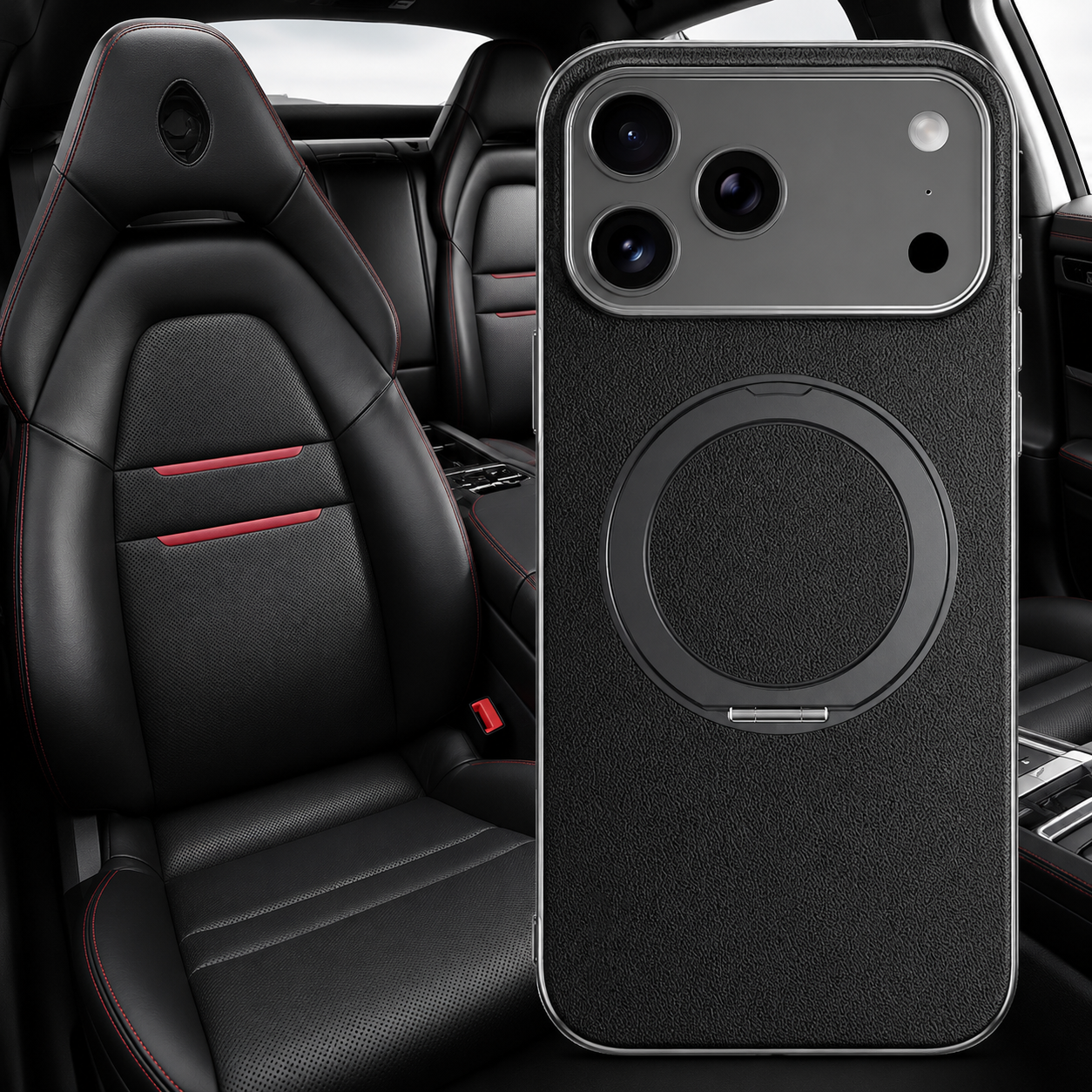 Premium iPhone Case MagSafe Compatible Leather Ring Holder Cover Lens Protection