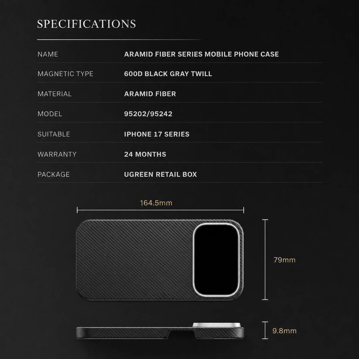 Premium iPhone Case Aramid Fiber Slim Hard Cover Military Grade Shockproof Matte Black Durable Protection