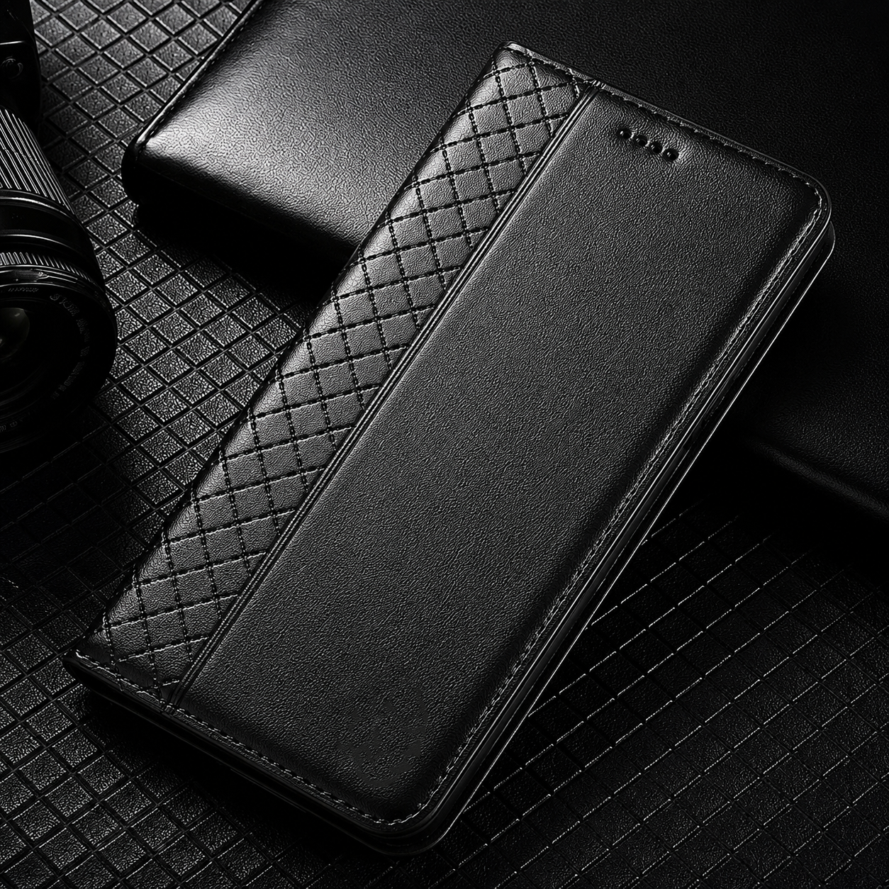 Premium iPhone Case Magnetic Flip Wallet Cover with Grid Pattern Cowhide Leather Kickstand Function Full Protection TPU Bumper Design