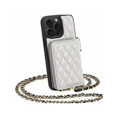 Premium iPhone Case Crossbody Leather Card Bag Diamond Stitch Chain Strap Shockproof Non Slip Portable Protective Cover