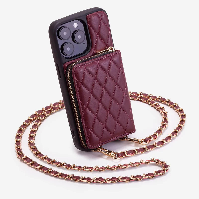 Premium iPhone Case Crossbody Leather Card Bag Diamond Stitch Chain Strap Shockproof Non Slip Portable Protective Cover
