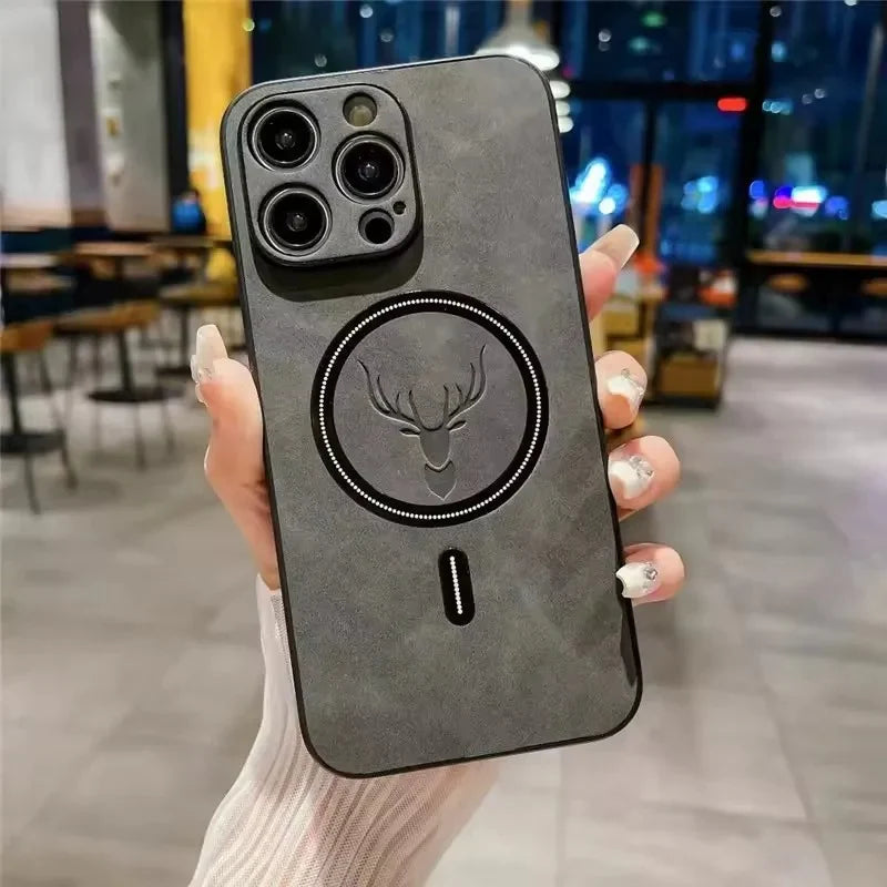 Premium iPhone Case Magnetic Deer Head Leather Cover Wireless Charging Compatible Shockproof Soft Protective Case with Matte Anti Fingerprint Finish