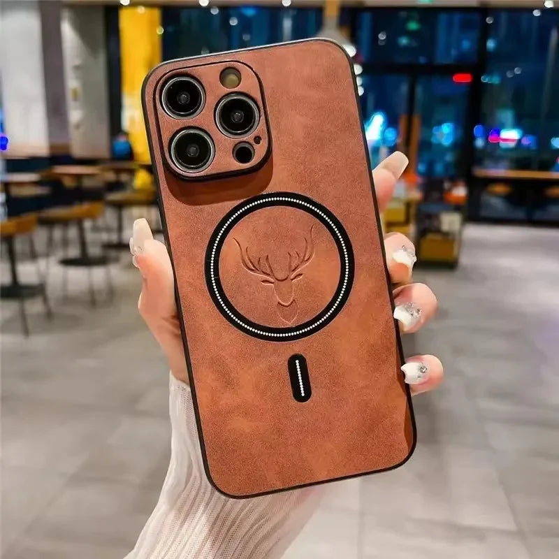 Premium iPhone Case Magnetic Deer Head Leather Cover Wireless Charging Compatible Shockproof Soft Protective Case with Matte Anti Fingerprint Finish