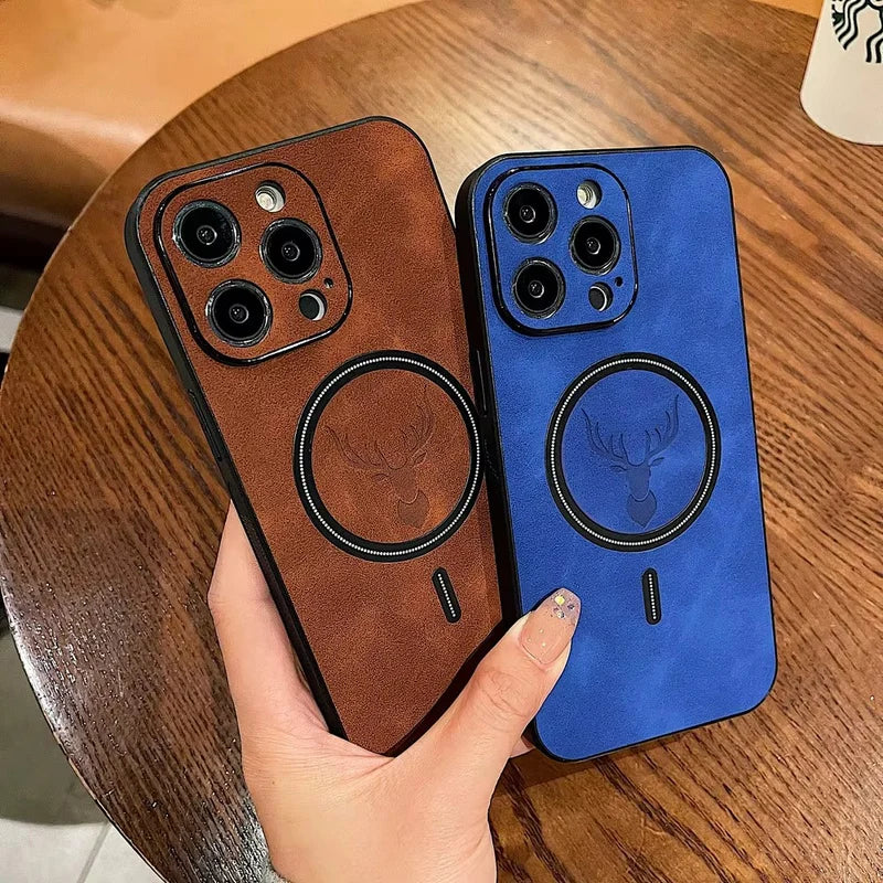 Premium iPhone Case Magnetic Deer Head Leather Cover Wireless Charging Compatible Shockproof Soft Protective Case with Matte Anti Fingerprint Finish