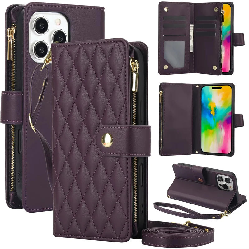 Premium iPhone Case Chain Zipper Wallet Flip Cover 6 Card Slots Magnetic Shockproof Leather Protection