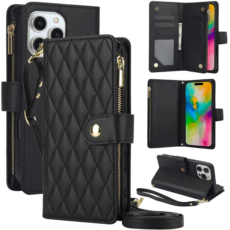 Premium iPhone Case Chain Zipper Wallet Flip Cover 6 Card Slots Magnetic Shockproof Leather Protection