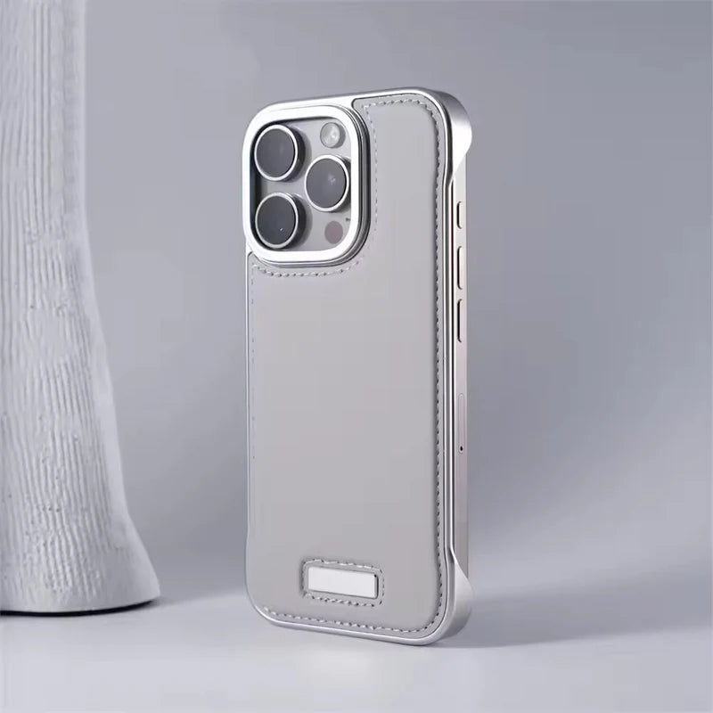 Premium iPhone Case Ultra Thin Borderless PU Leather Magnetic Shockproof Cover with Metal Lens Frame Non Slip Matte Protective Design