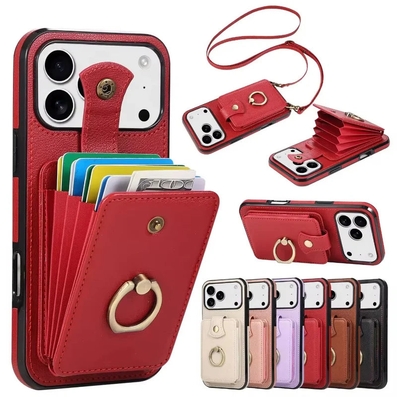 Premium iPhone Case Wallet Cover Card Holder 360 Rotating Ring Kickstand RFID Blocking PU Leather Full Protection