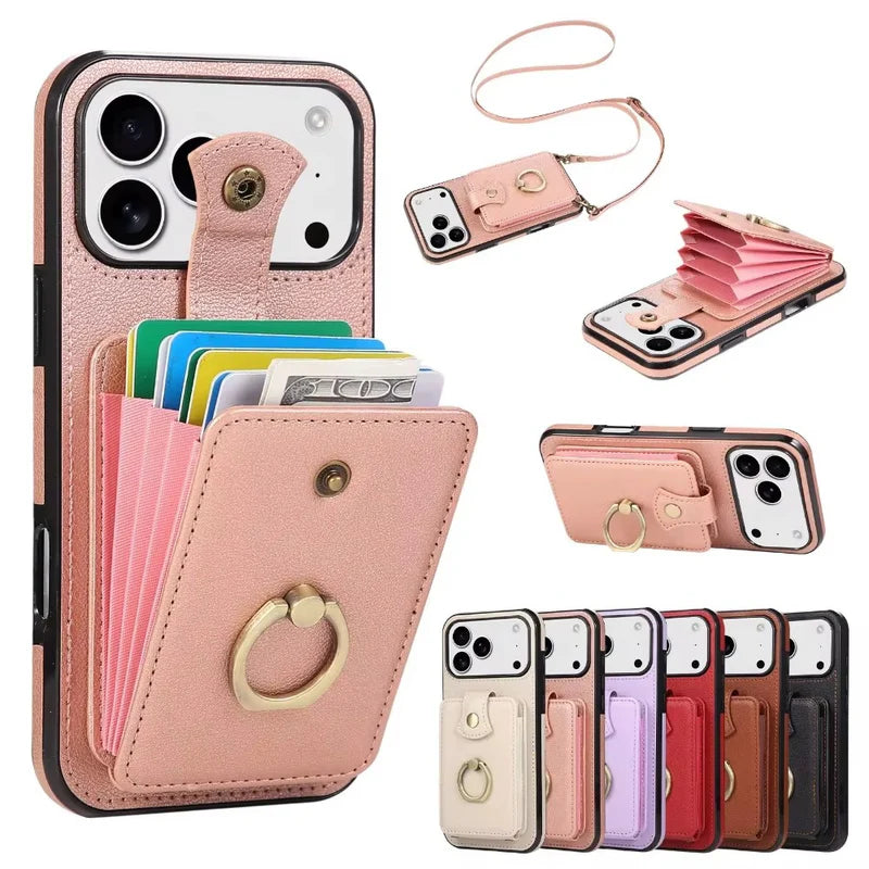 Premium iPhone Case Wallet Cover Card Holder 360 Rotating Ring Kickstand RFID Blocking PU Leather Full Protection