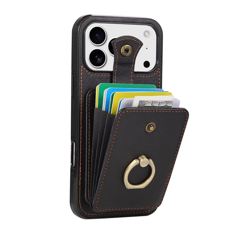 Premium iPhone Case Wallet Cover Card Holder 360 Rotating Ring Kickstand RFID Blocking PU Leather Full Protection