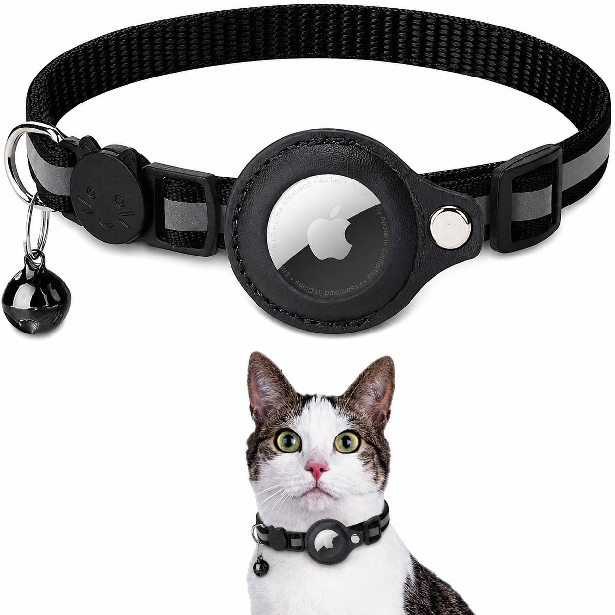 Premium Cat Collar AirTag Holder Reflective Adjustable Pet Collar Detachable Bell Lightweight Secure Fit Design
