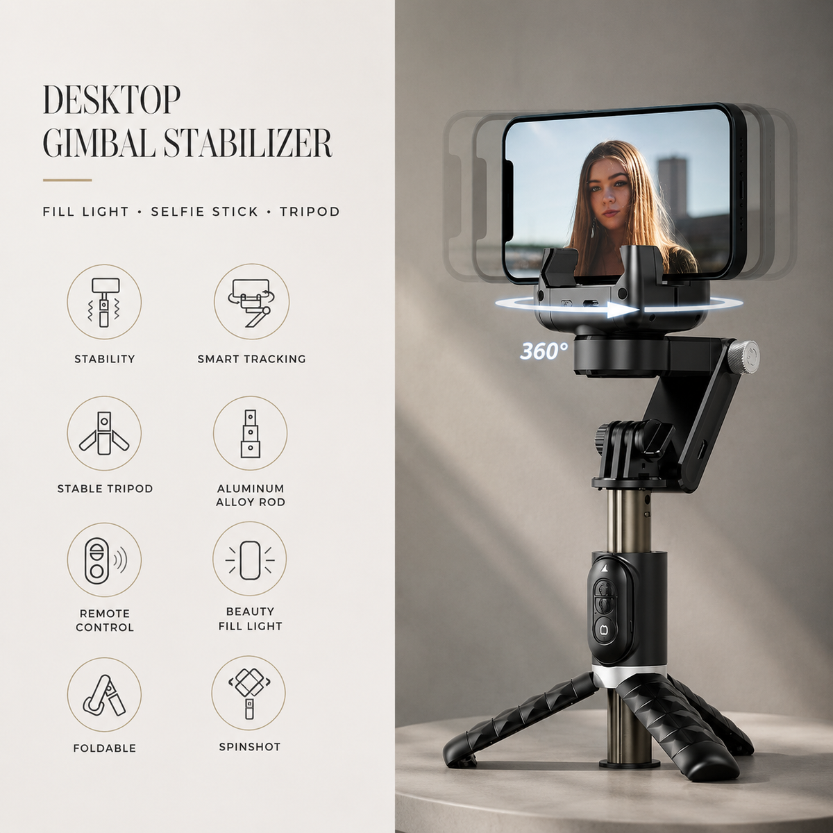Premium Phone Gimbal Smartphone Stabilizer Selfie Stick Tripod Bluetooth Remote 360 Rotation Video Photography Holder