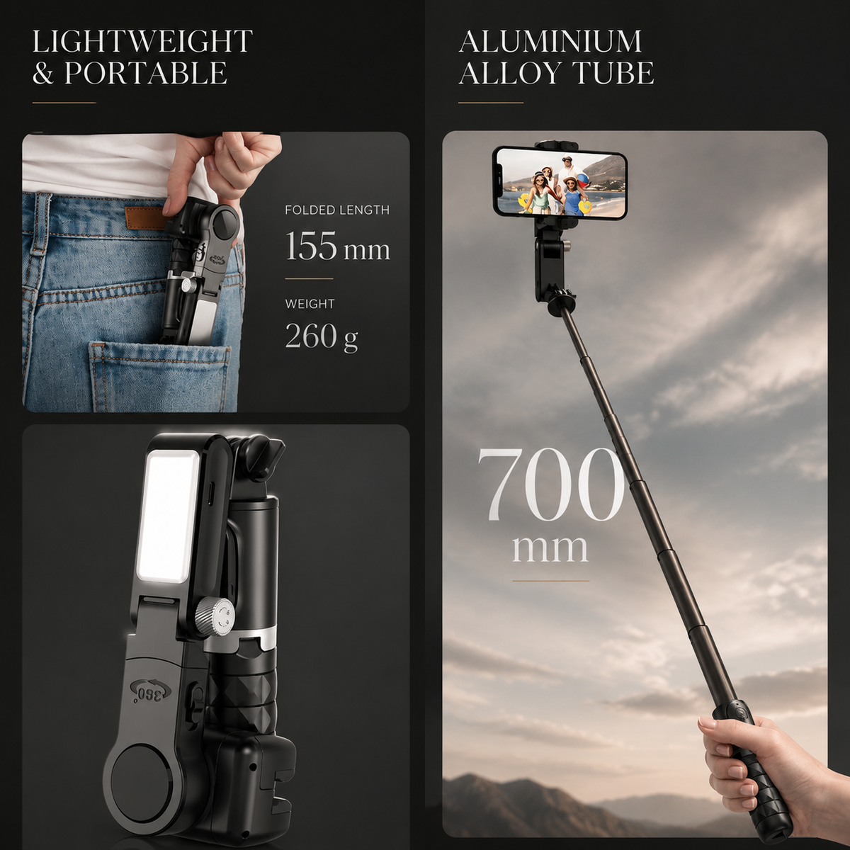 Premium Phone Gimbal Smartphone Stabilizer Selfie Stick Tripod Bluetooth Remote 360 Rotation Video Photography Holder