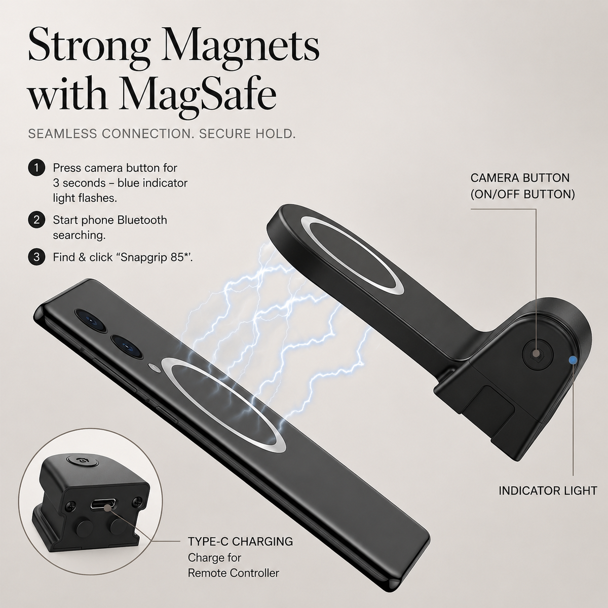 Premium Phone Holder MagSafe Compatible Magnetic Grip Bluetooth Remote Smartphone Mount Photography Video Recording Stand