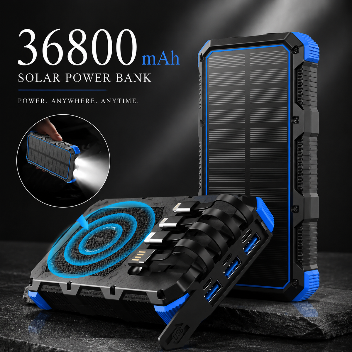Premium Power Bank 20000mAh Solar Charger Fast Charging Portable Battery Pack LED Flashlight Travel Charger