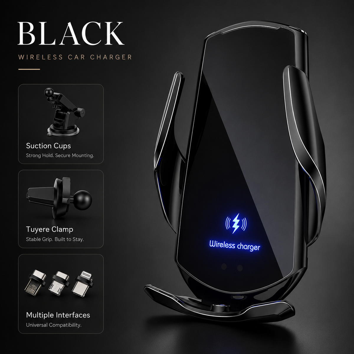 Premium Wireless Car Charger Fast Charging Magnetic Phone Mount Infrared Auto Clamp USB C LED Display Compatible Dock