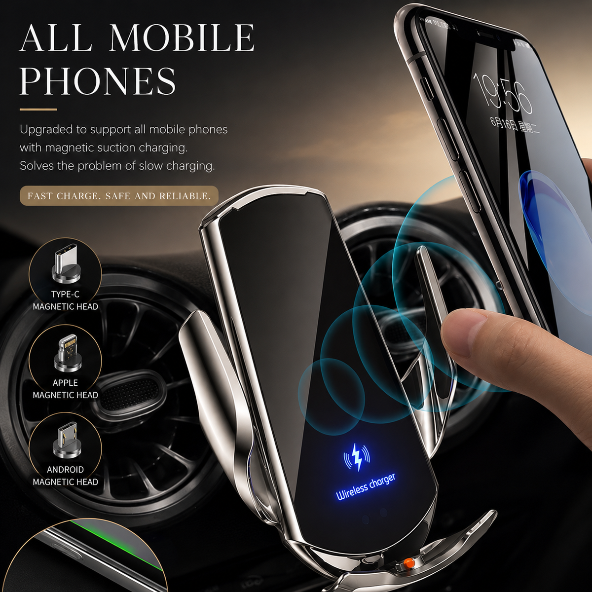 Premium Wireless Car Charger Fast Charging Magnetic Phone Mount Infrared Auto Clamp USB C LED Display Compatible Dock