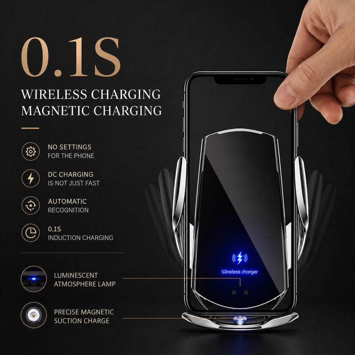 Premium Wireless Car Charger Fast Charging Magnetic Phone Mount Infrared Auto Clamp USB C LED Display Compatible Dock
