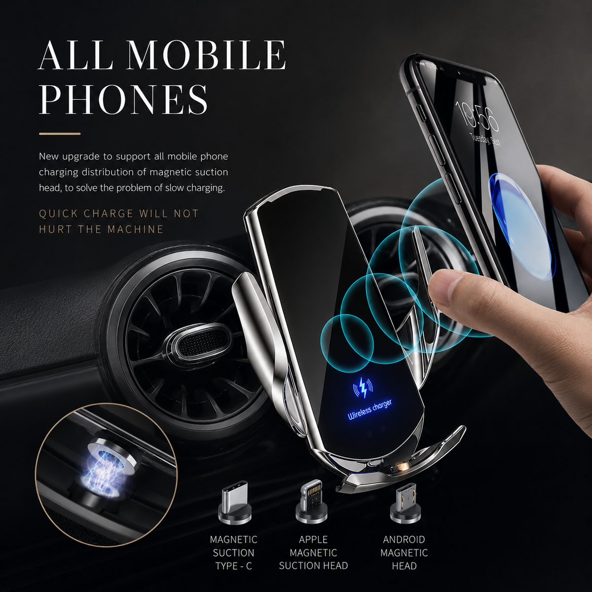Premium Wireless Car Charger Fast Charging Magnetic Phone Mount Infrared Auto Clamp USB C LED Display Compatible Dock