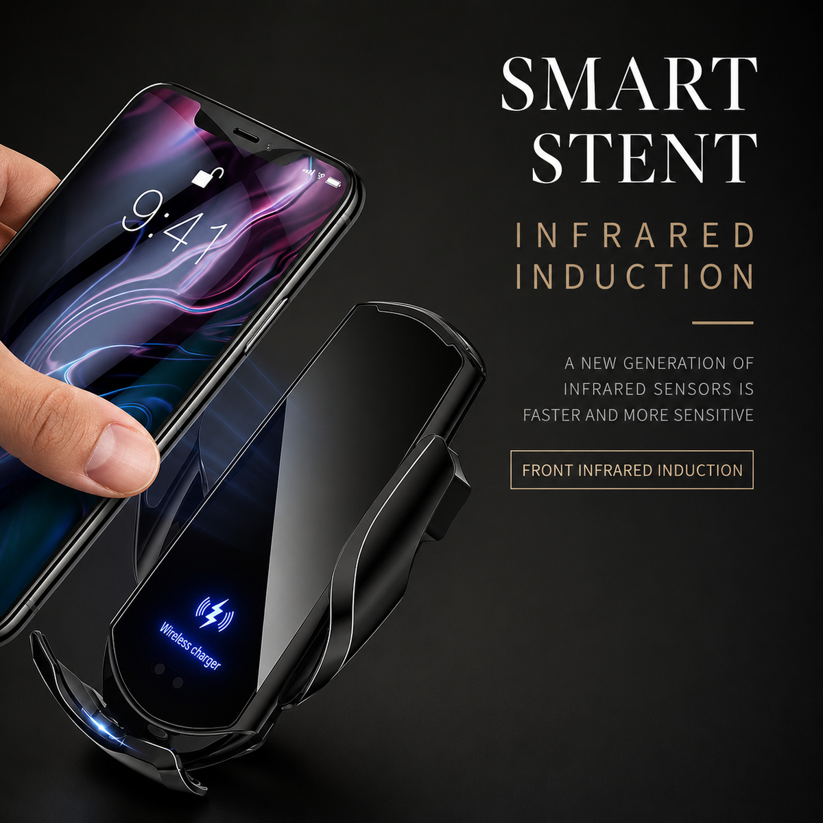 Premium Wireless Car Charger Fast Charging Magnetic Phone Mount Infrared Auto Clamp USB C LED Display Compatible Dock