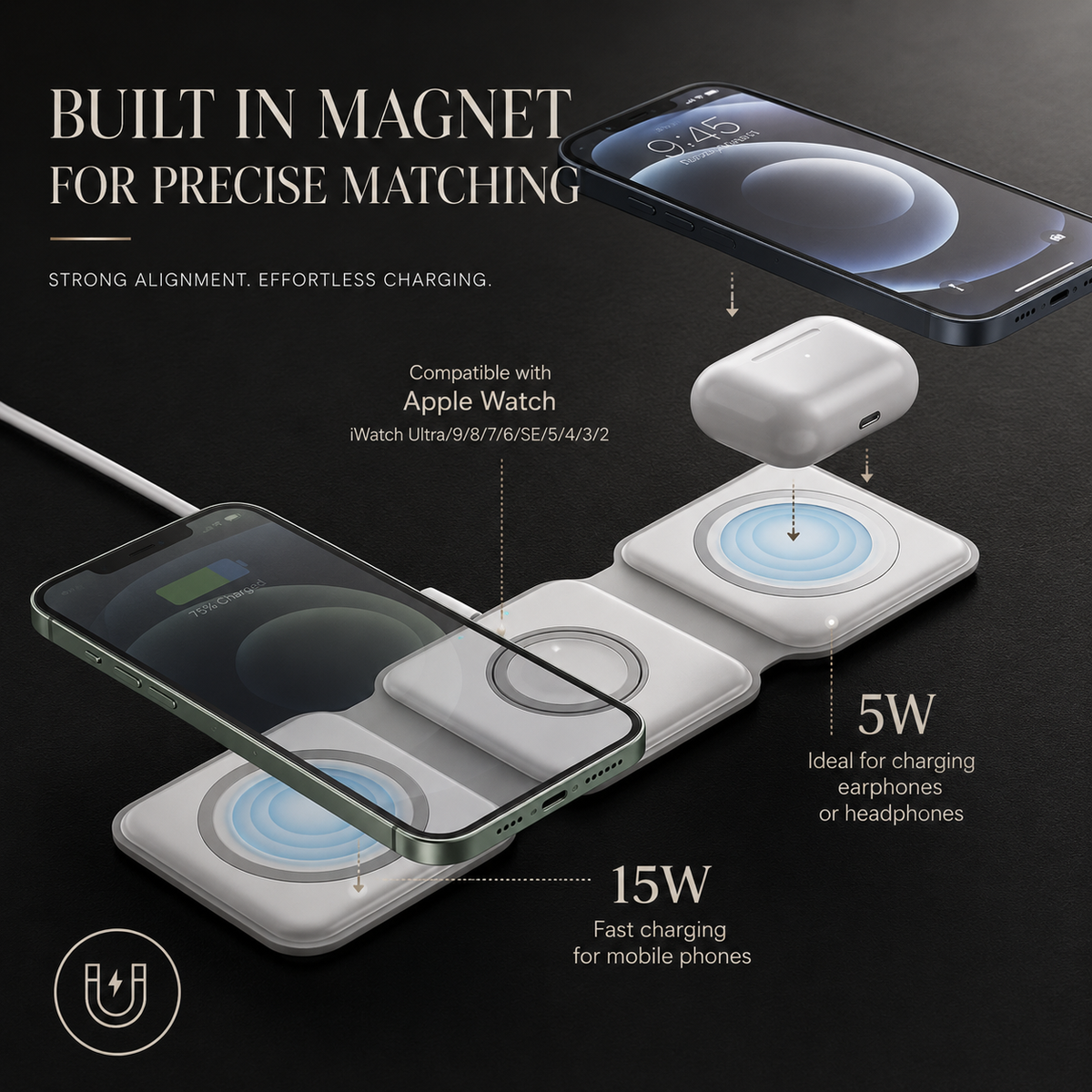 Premium Wireless Charger 3 In 1 Foldable MagSafe Compatible Fast Charging Station Magnetic Portable Charging Dock Smartphone Watch Earbuds