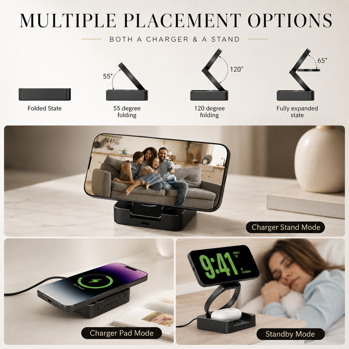 Premium Wireless Charger 3 In 1 Foldable MagSafe Compatible Fast Charging Station Magnetic Portable Charging Dock Smartphone Watch Earbuds