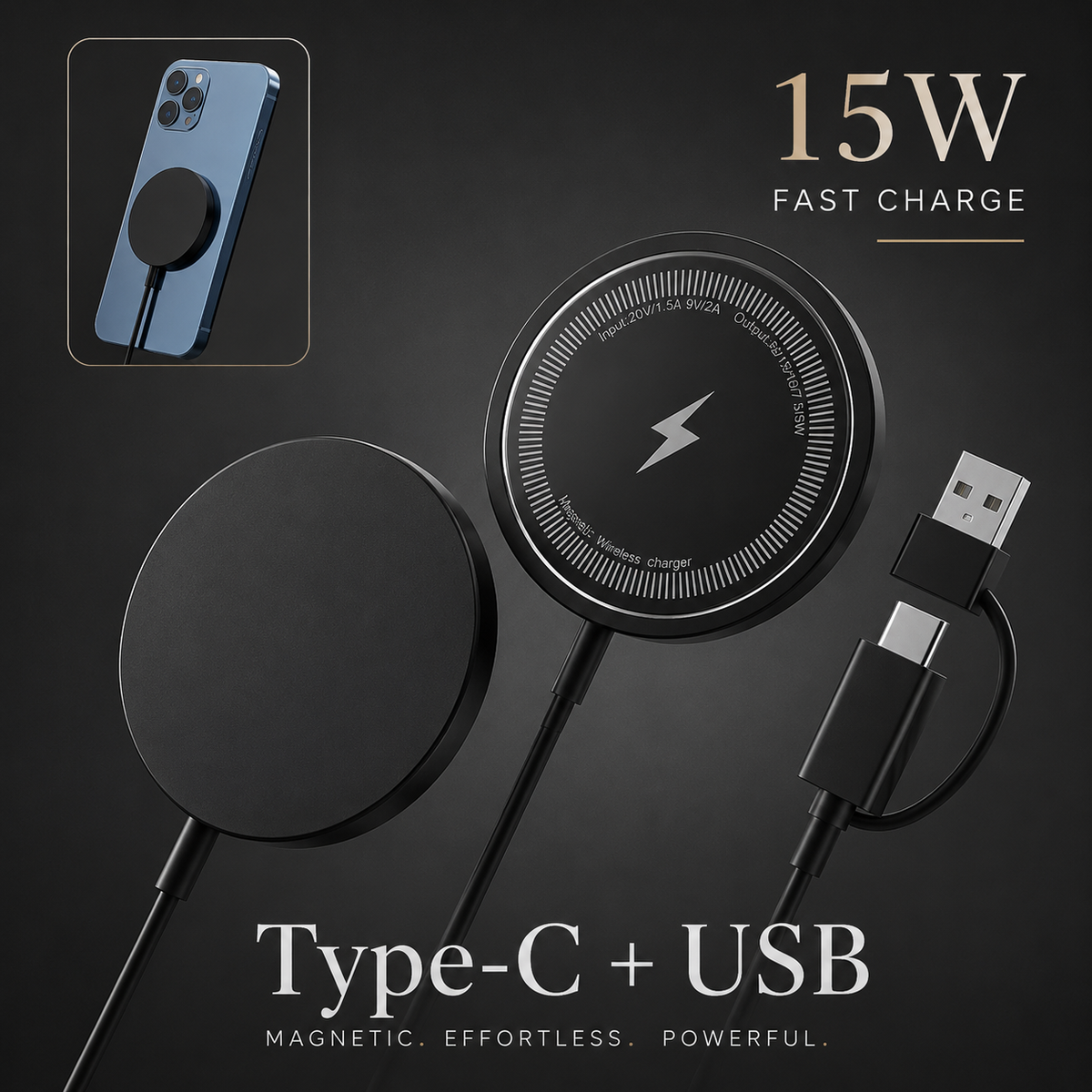 Premium Wireless Charger MagSafe Compatible Fast Charging Magnetic Charging Pad Slim Wireless Charging Dock Smartphone Earbuds Compatible
