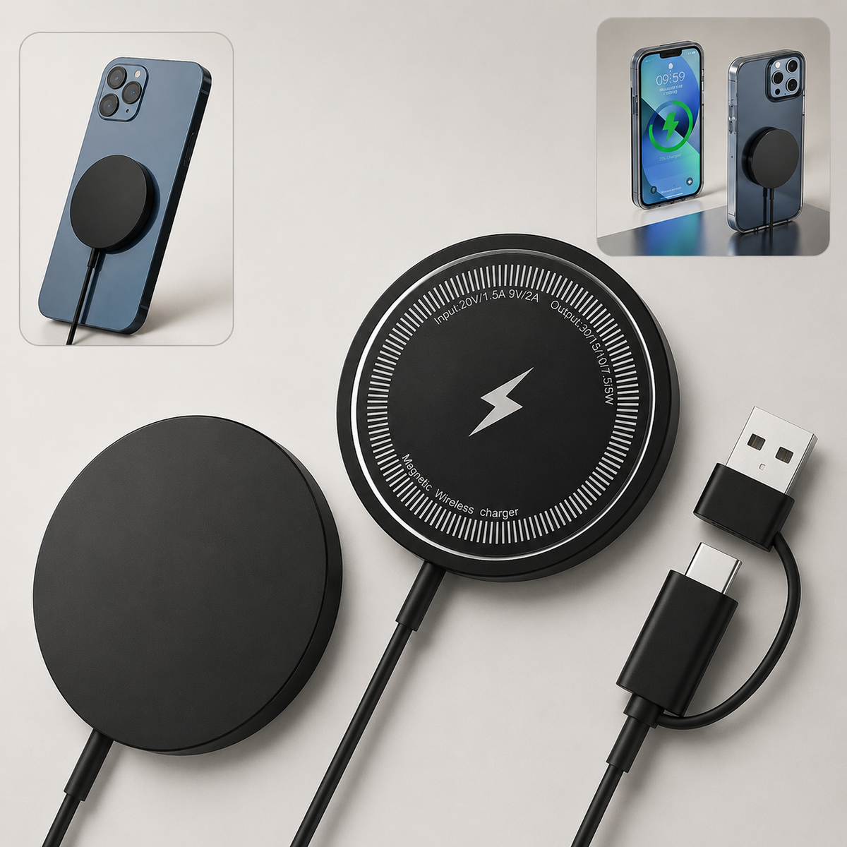 Premium Wireless Charger MagSafe Compatible Fast Charging Magnetic Charging Pad Slim Wireless Charging Dock Smartphone Earbuds Compatible