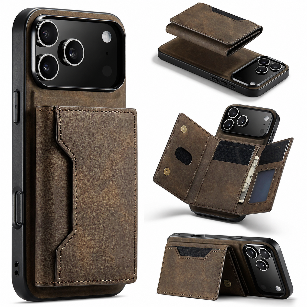 Premium iPhone Case 2 In 1 Detachable Magnetic Leather Wallet Cover Card Slots Kickstand Full Body Protection