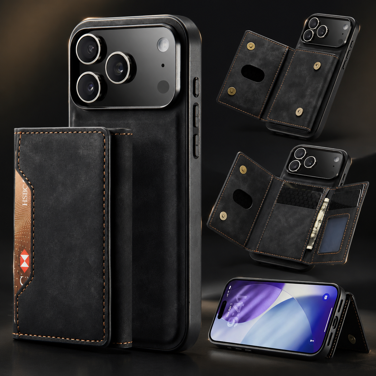 Premium iPhone Case 2 In 1 Detachable Magnetic Leather Wallet Cover Card Slots Kickstand Full Body Protection