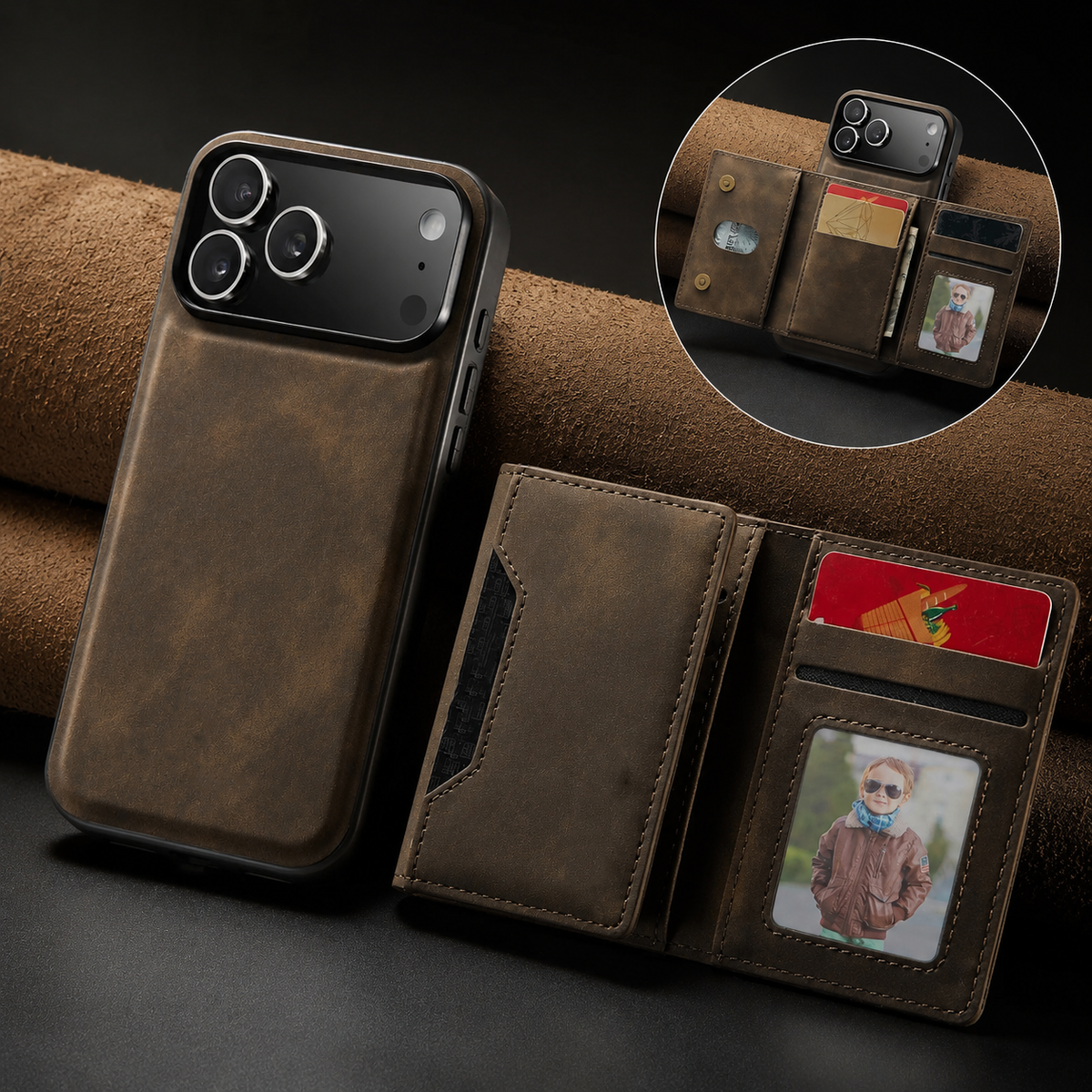 Premium iPhone Case 2 In 1 Detachable Magnetic Leather Wallet Cover Card Slots Kickstand Full Body Protection