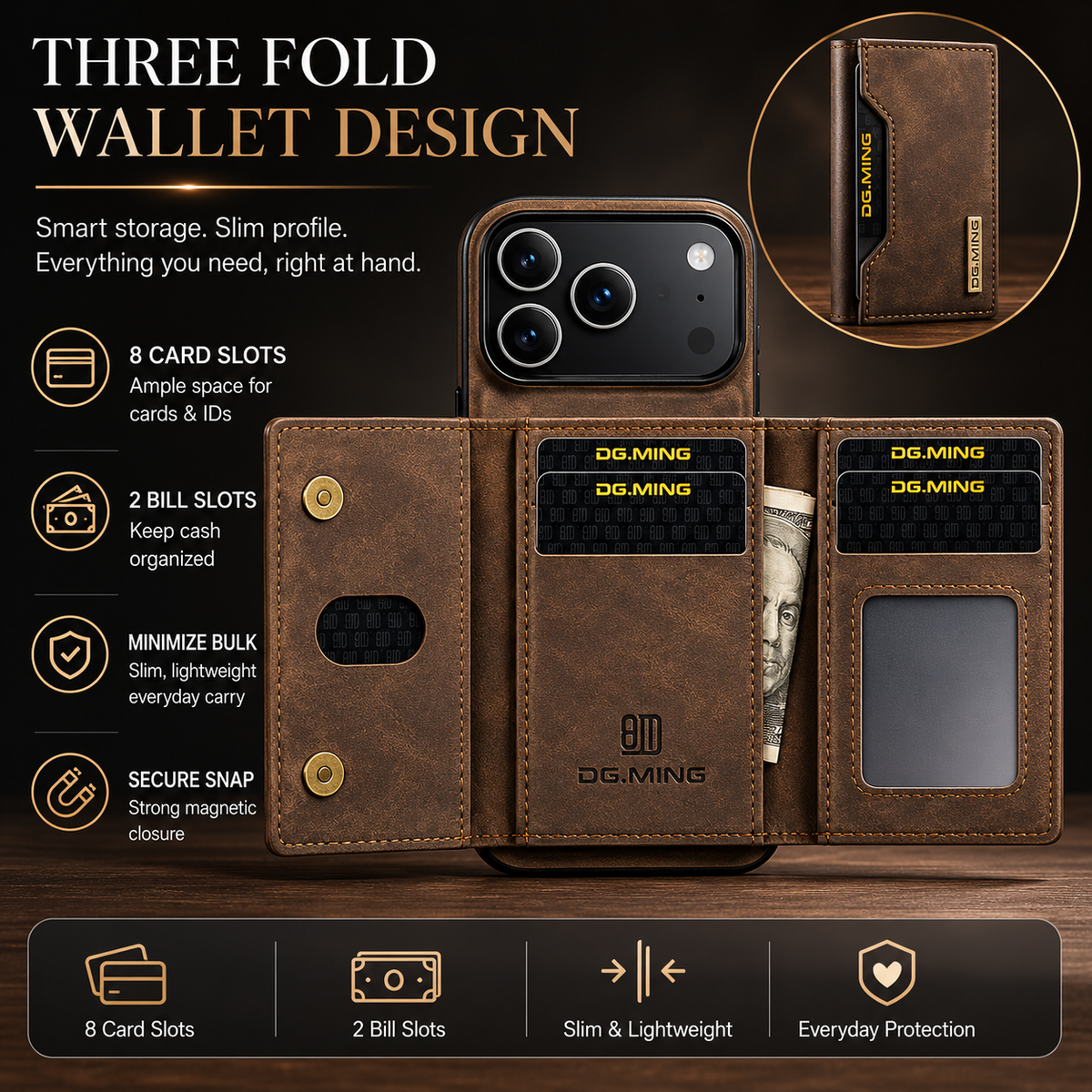 Premium iPhone Case 2 In 1 Detachable Magnetic Leather Wallet Cover Card Slots Kickstand Full Body Protection