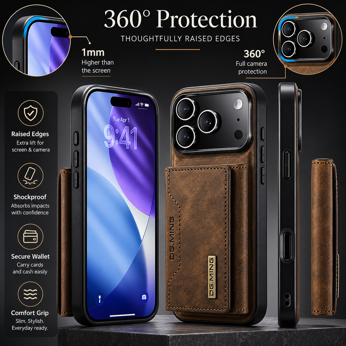 Premium iPhone Case 2 In 1 Detachable Magnetic Leather Wallet Cover Card Slots Kickstand Full Body Protection