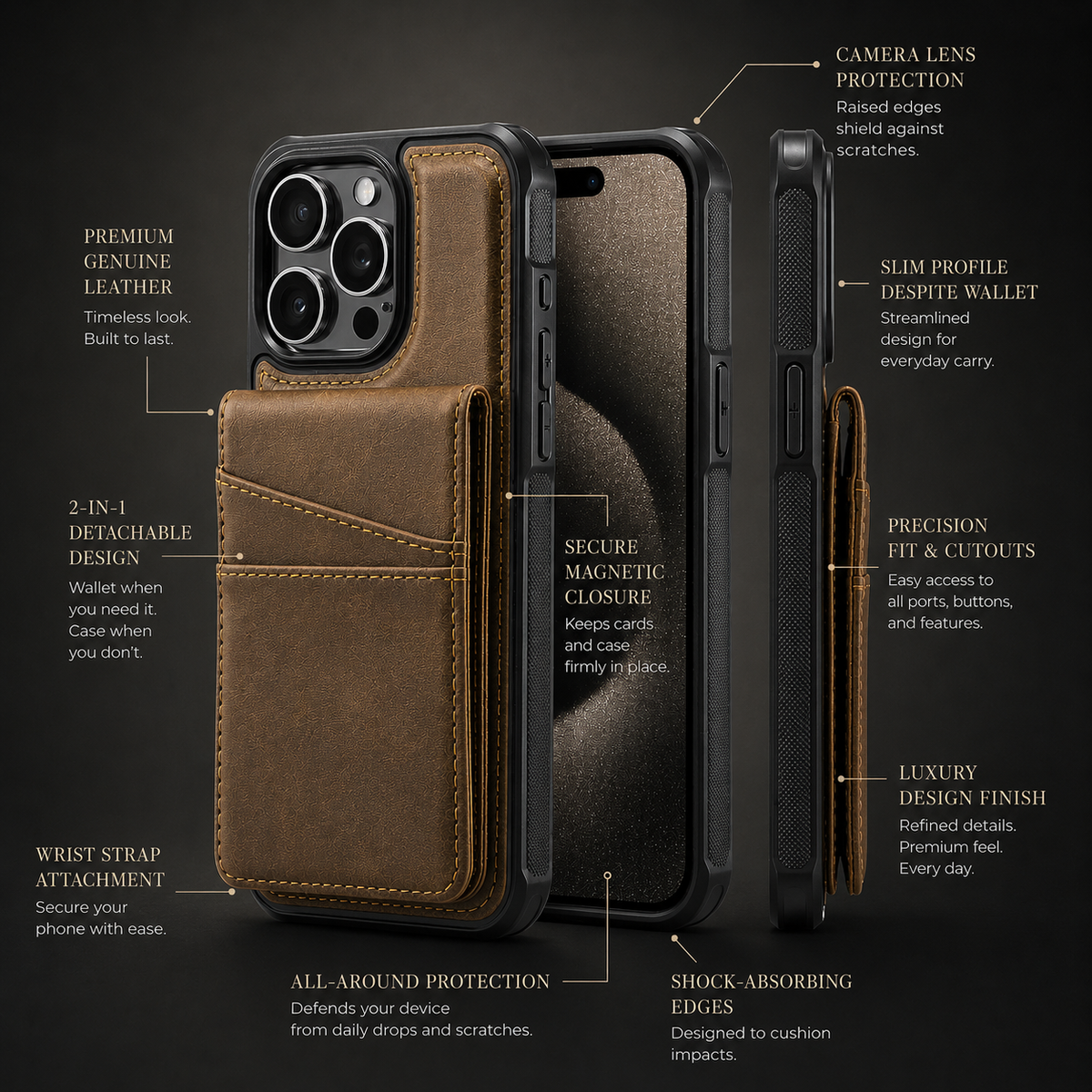Premium iPhone Case 2-in-1 Magnetic Detachable Wallet Flip Cover Card Holder Full Protection