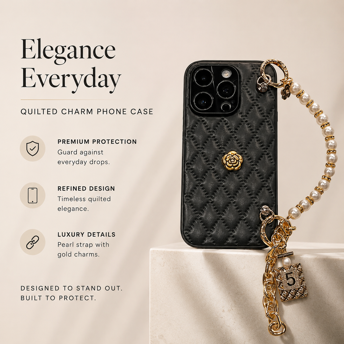 Premium iPhone Case 3D Camellia Floral Cover Chain Strap Shockproof Elegant Slim Lightweight Design