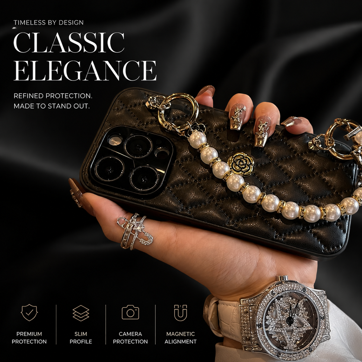 Premium iPhone Case 3D Camellia Floral Cover Chain Strap Shockproof Elegant Slim Lightweight Design