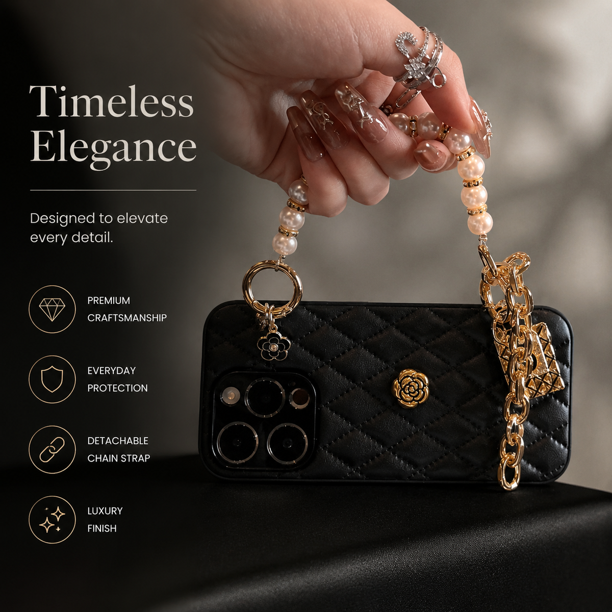 Premium iPhone Case 3D Camellia Floral Cover Chain Strap Shockproof Elegant Slim Lightweight Design