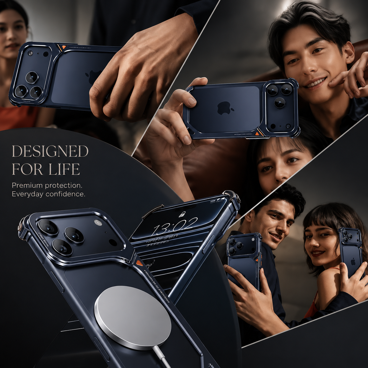 Premium iPhone Case Aluminum Frame with Lens Holder MagSafe Wireless Charging Support Slim Drop Protection Metal Design