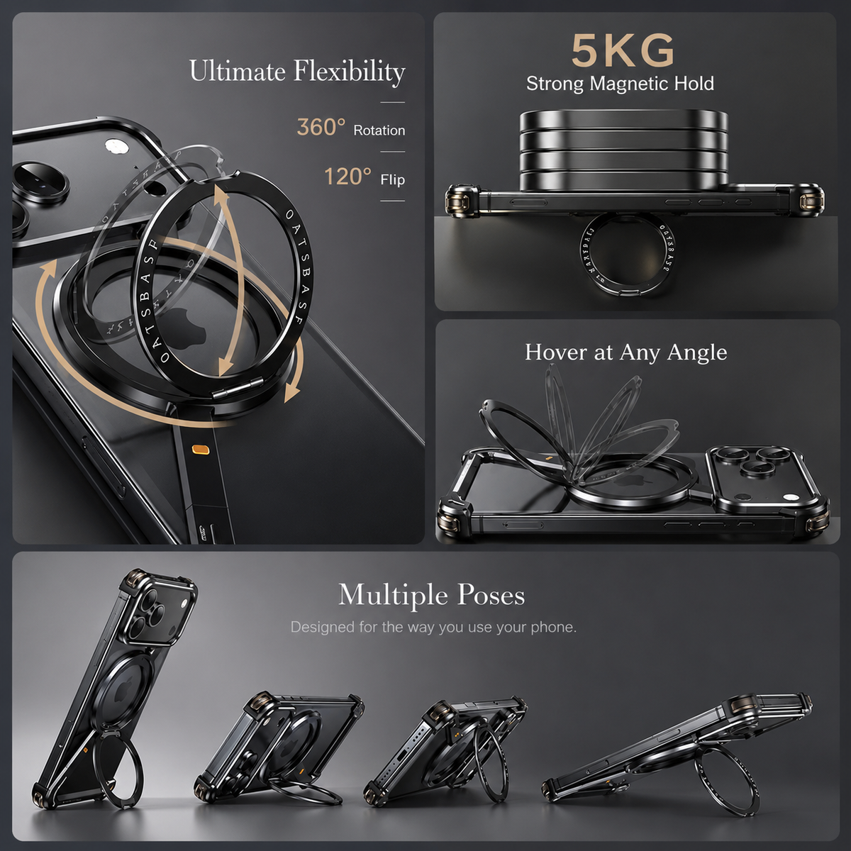 Premium iPhone Case Aluminum Magnetic Cover MagSafe Compatible Frameless Shockproof Rotating Ring Stand Camera Lens Protection